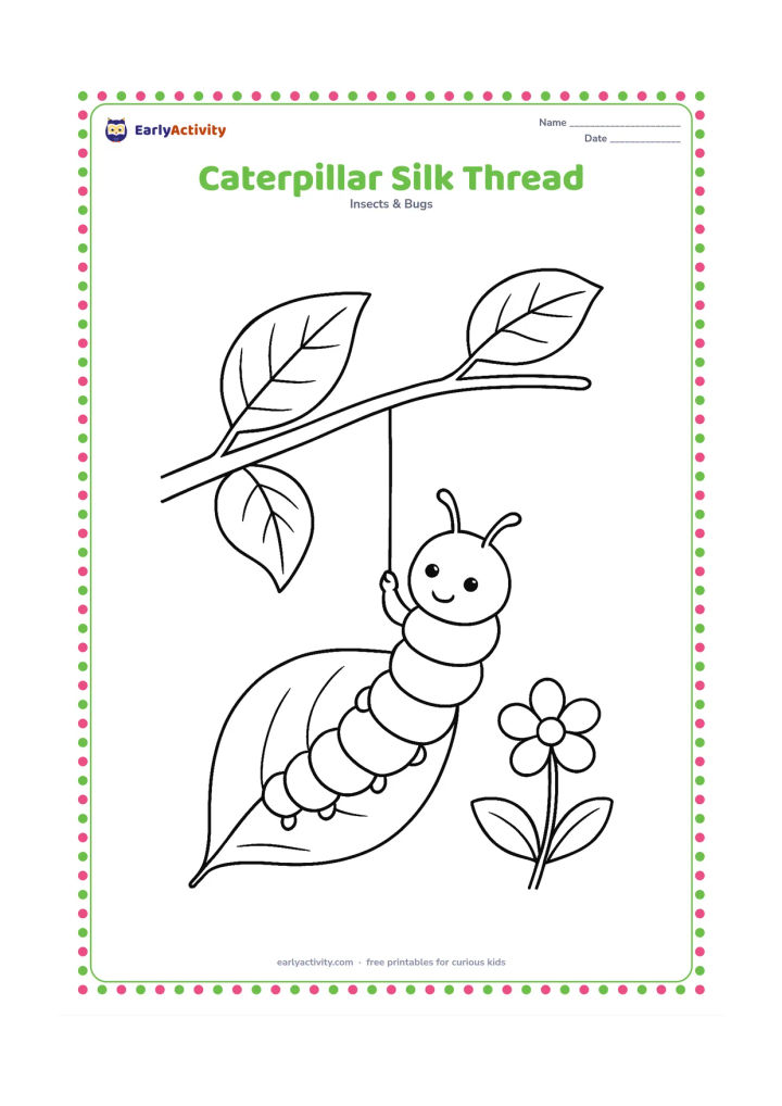 Colouring page: Draw a caterpillar carefully moving down a leaf while holding onto a thin silk thread, with the thread attached to a branch above. Add two leaves and a small flower in the background.