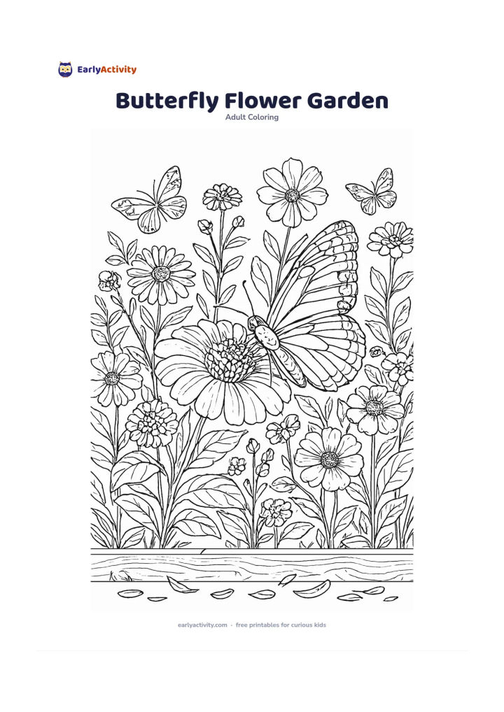Colouring page: Draw a butterfly resting on a large flower in a mixed garden of daisies, zinnias, cosmos and leafy stems. Add two smaller butterflies, a wooden garden border and scattered fallen petals.