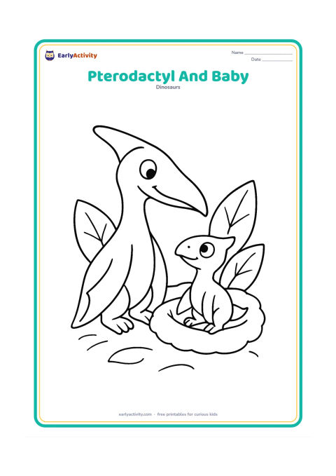 Colouring page: Draw a gentle adult pterodactyl sitting beside a small hatchling, both looking toward one another on a simple sandy nest surrounded by three large leaves.