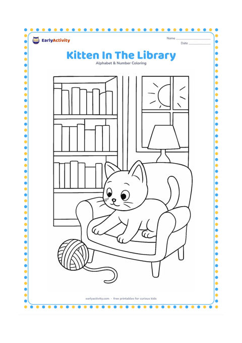 Colouring page: A curious kitten sits on a cushioned chair in a quiet home library, reaching toward a ball of wool on the floor. Show plain closed books with no writing, shelves, a lamp and a sunny window.