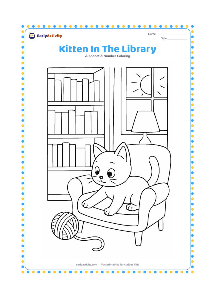 Colouring page: A curious kitten sits on a cushioned chair in a quiet home library, reaching toward a ball of wool on the floor. Show plain closed books with no writing, shelves, a lamp and a sunny window.