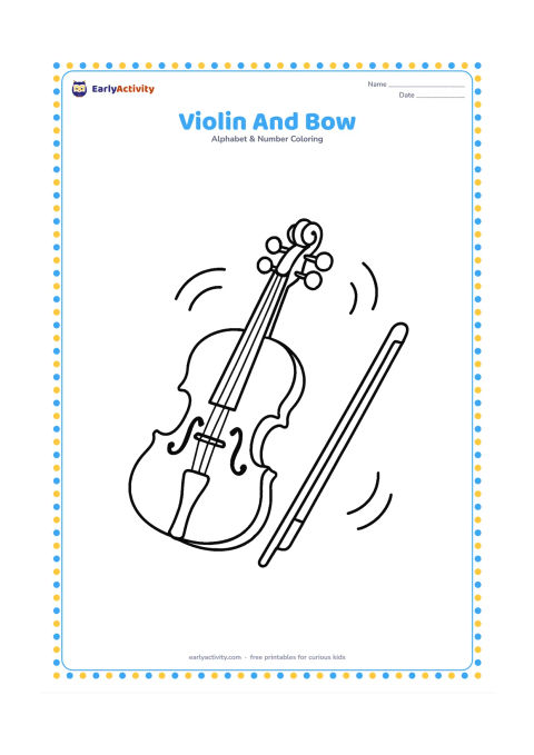 Colouring page: Draw a large violin lying beside its bow, with a few simple curved music-like motion lines that are not notes or symbols. Place both objects on a clear floor or tabletop.