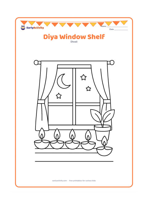 Colouring page: Draw a row of five diyas along a windowsill, with a window showing a crescent moon and a few stars outside. Add simple curtains and a potted plant beside the window.