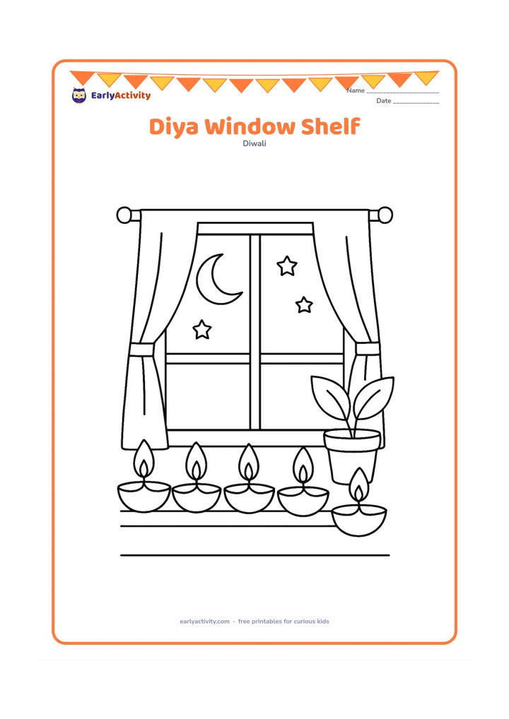 Colouring page: Draw a row of five diyas along a windowsill, with a window showing a crescent moon and a few stars outside. Add simple curtains and a potted plant beside the window.