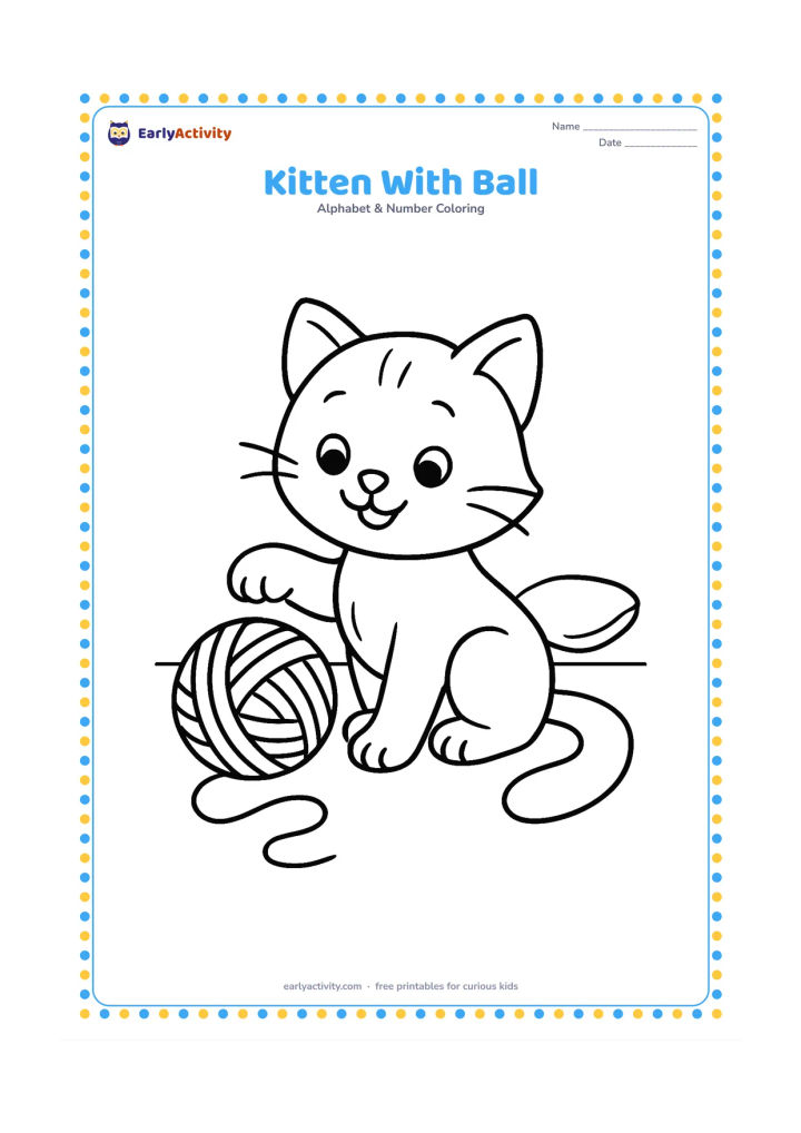 Colouring page: A cheerful kitten sits and bats a large ball of wool across a bare floor. Show one loose curved strand and a small cushion in the background.