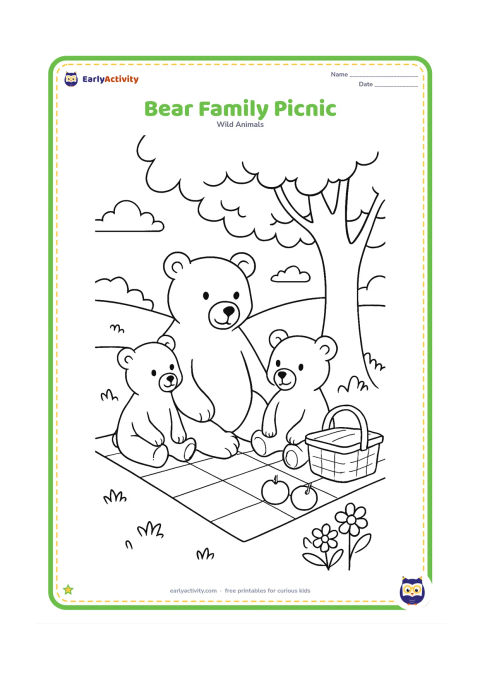 Colouring page: An adult bear and two cubs sit on a picnic blanket beneath a tree, with a basket, apples, flowers, and rolling meadow behind them.