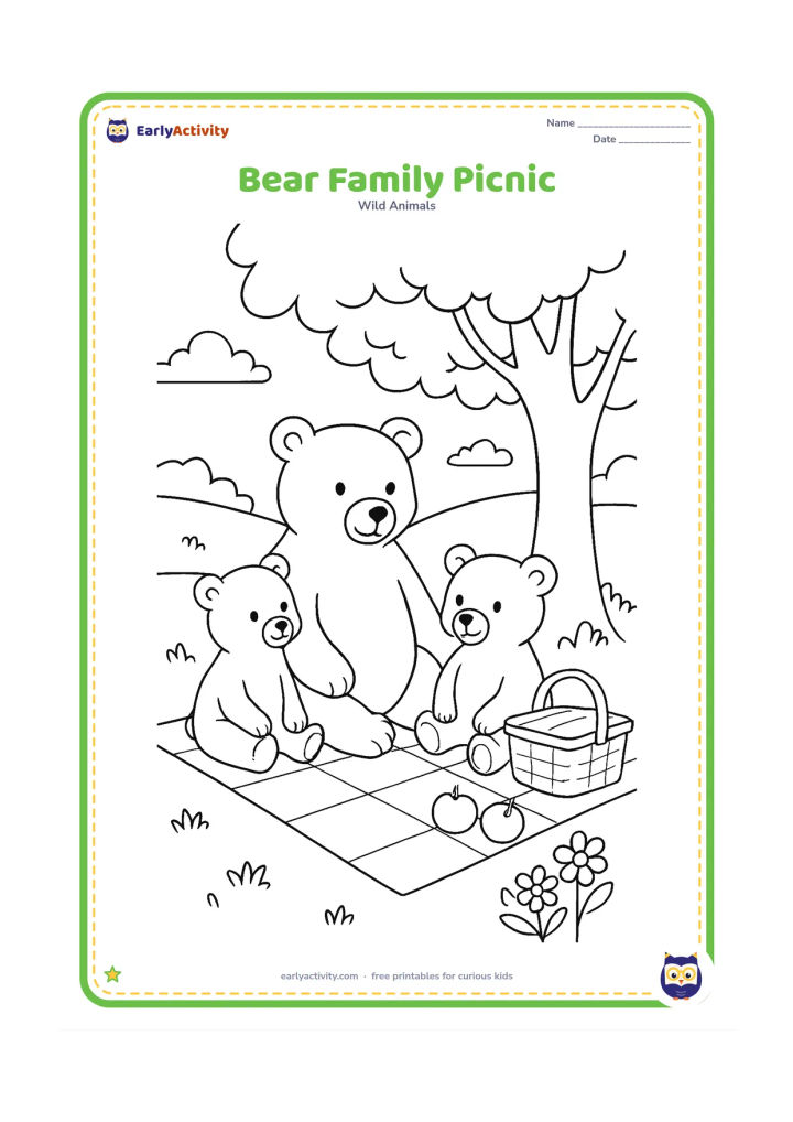 Colouring page: An adult bear and two cubs sit on a picnic blanket beneath a tree, with a basket, apples, flowers, and rolling meadow behind them.