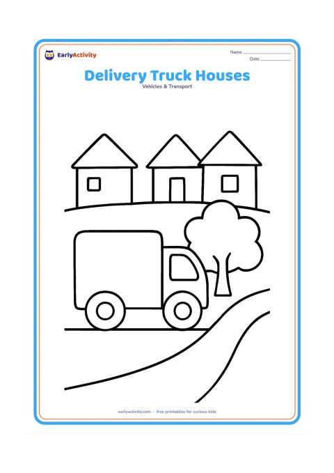 Colouring page: A small delivery truck is parked beside three simple houses with a tree and a path. Show a clear cab, box body and two large wheels in an easy side view.