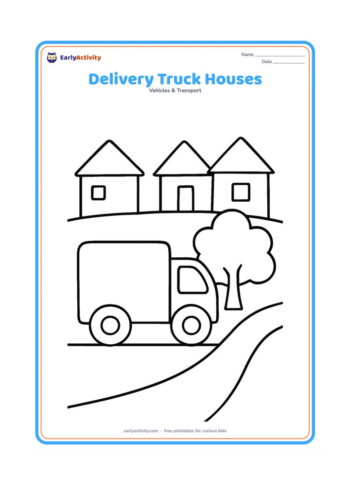 Colouring page: A small delivery truck is parked beside three simple houses with a tree and a path. Show a clear cab, box body and two large wheels in an easy side view.