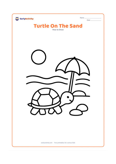 Worksheet: Draw a side-view turtle walking across a sandy beach toward a simple shell-shaped beach umbrella and two smooth stones. Add a low sun and three curved sand lines in the background.