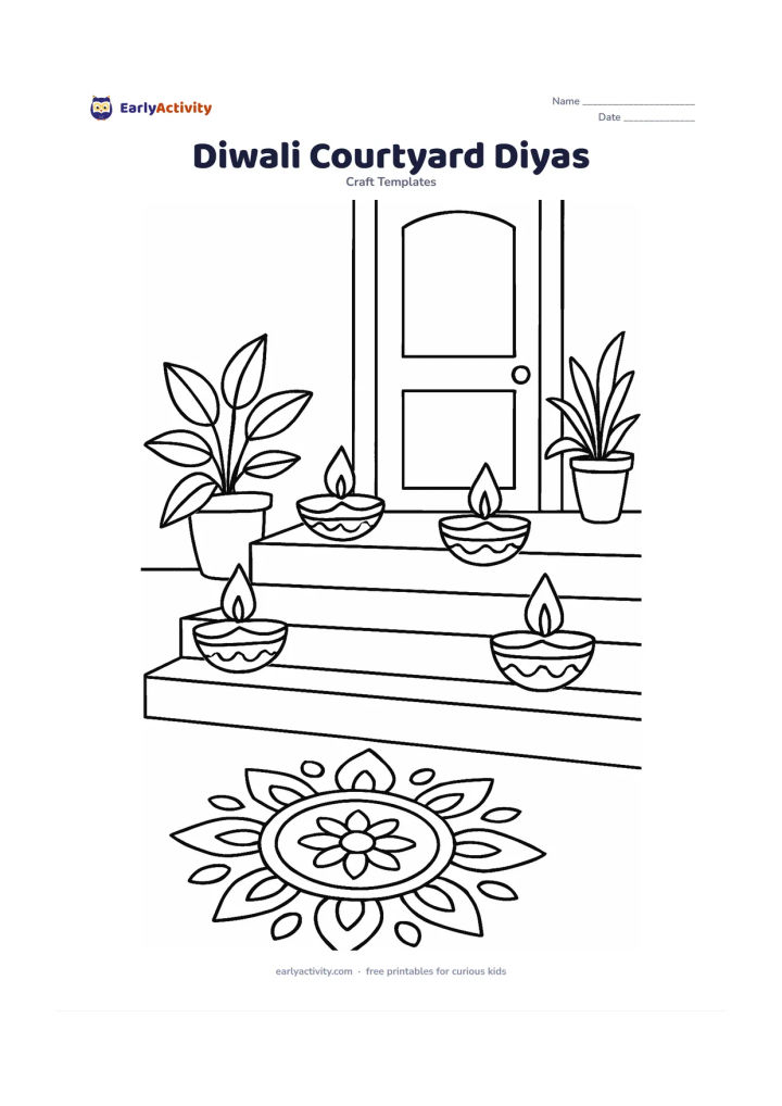 Worksheet: Several decorated diyas are arranged along the steps of an Indian home courtyard, with a doorway, potted plants, and a simple rangoli nearby.