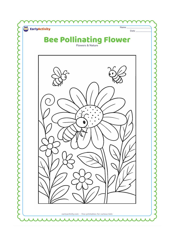 Colouring page: Draw a close garden scene with a bee collecting pollen from a large daisy, surrounded by smaller flowers, textured leaves and a curling stem. Add a second bee in the background and a few…