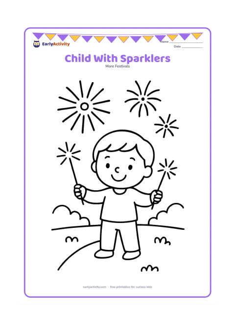 Colouring page: A happy child safely holds two unlit handheld sparklers outdoors while large decorative fireworks shapes appear in the distant sky. Add a few rounded bushes and a simple path.