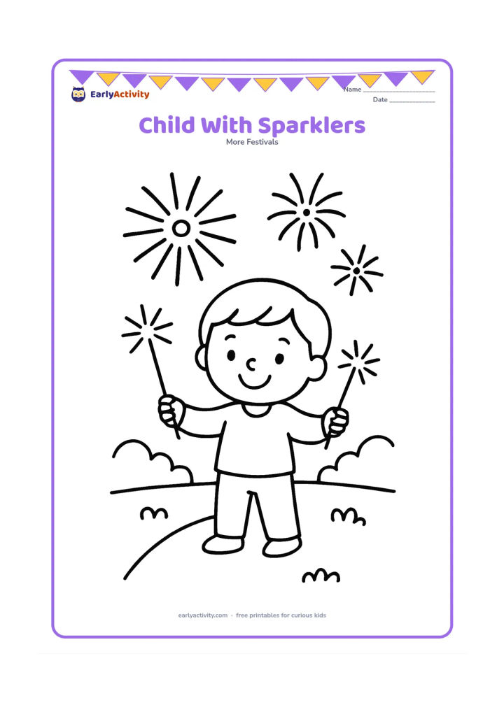 Colouring page: A happy child safely holds two unlit handheld sparklers outdoors while large decorative fireworks shapes appear in the distant sky. Add a few rounded bushes and a simple path.