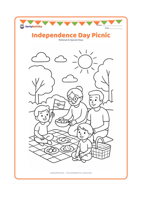 Colouring page: Draw a family picnic in a park where a child holds a small Indian flag beside a picnic basket and mat. Include a grandmother serving snacks, another child sitting cross-legged, leafy…