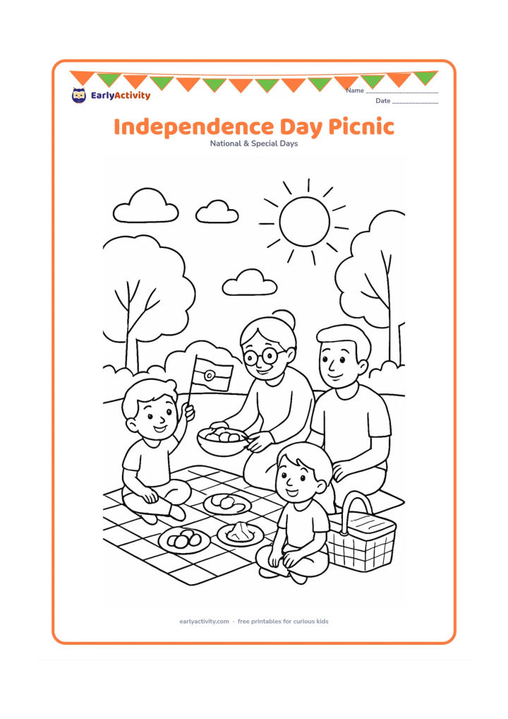 Colouring page: Draw a family picnic in a park where a child holds a small Indian flag beside a picnic basket and mat. Include a grandmother serving snacks, another child sitting cross-legged, leafy…