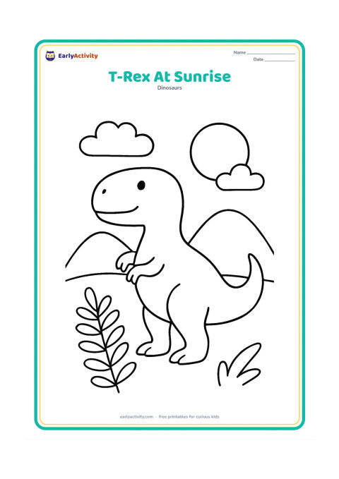 Colouring page: A friendly T-Rex faces a rising sun over three simple hills, standing with its mouth closed and tail curved behind. Add two large clouds and one fern.
