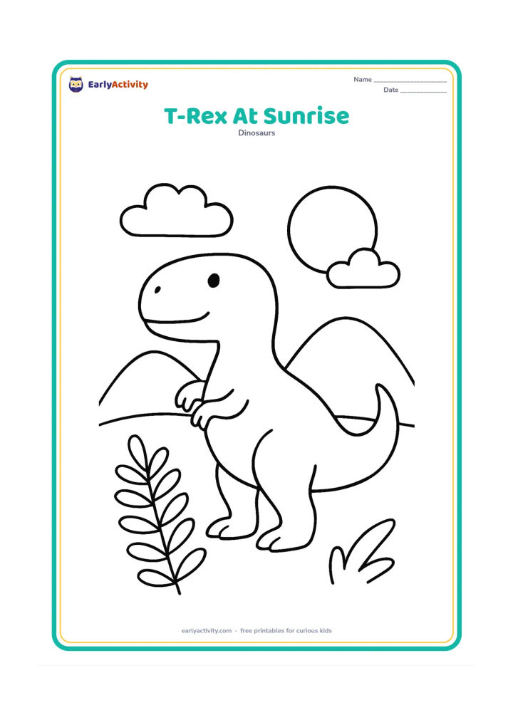 Colouring page: A friendly T-Rex faces a rising sun over three simple hills, standing with its mouth closed and tail curved behind. Add two large clouds and one fern.