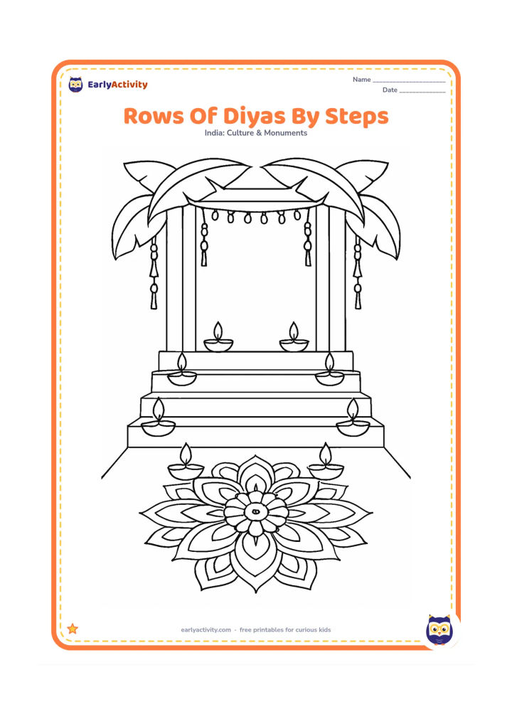 Colouring page: Several neat rows of lit diyas climb the steps of an Indian home entrance, with a detailed floral rangoli at the bottom, banana leaves and hanging decorations above.
