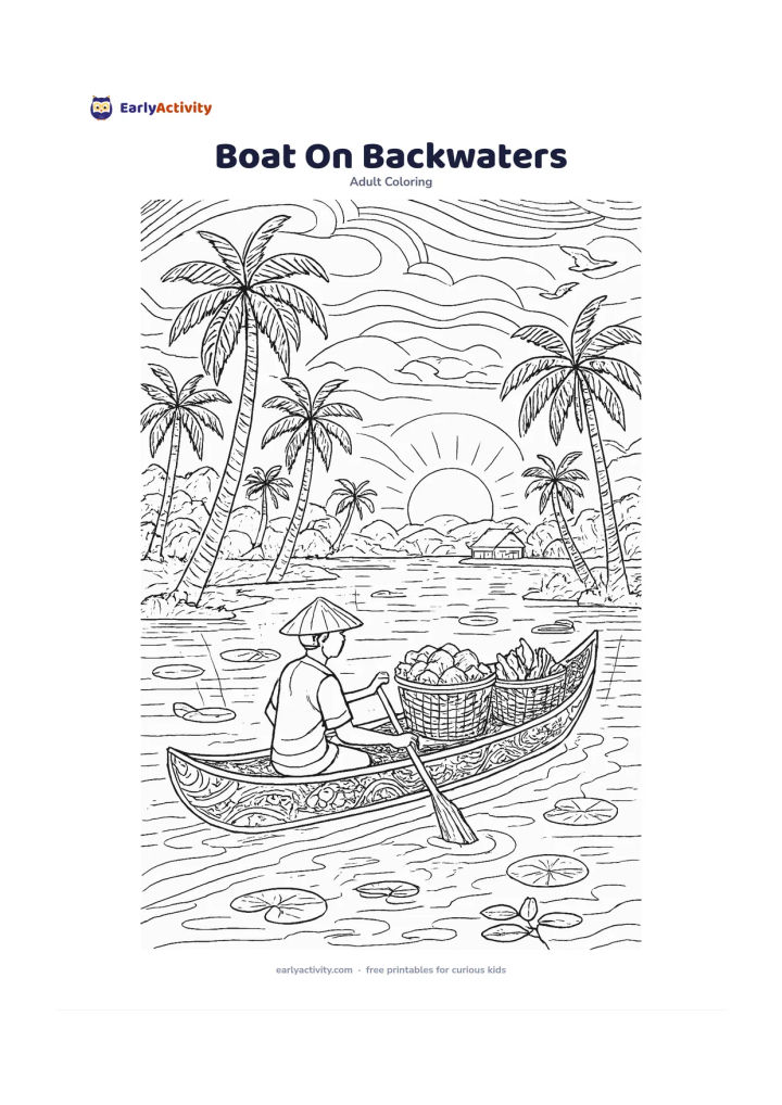Colouring page: Draw a long canoe gliding through calm backwaters at sunset, carrying a boat person and baskets of vegetables, with coconut palms, floating plants, distant homes, birds, and reflections.…