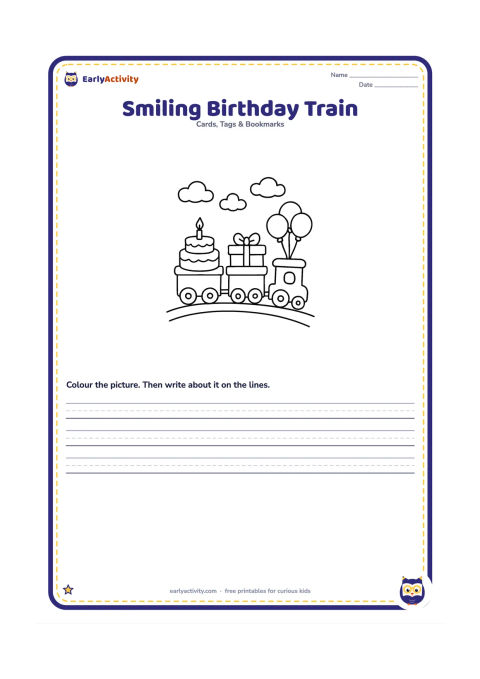 Worksheet: Draw a toy train with three big carriages carrying a cake, a present, and balloons. Place the train on one curved track line with a few simple clouds above.