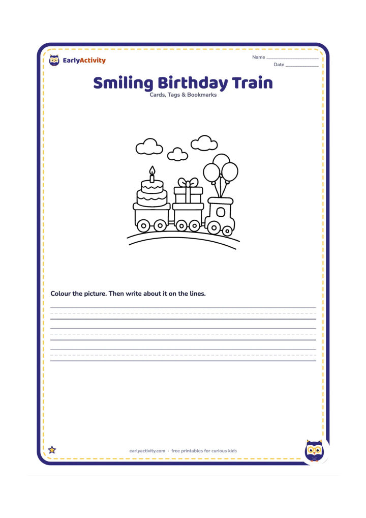 Worksheet: Draw a toy train with three big carriages carrying a cake, a present, and balloons. Place the train on one curved track line with a few simple clouds above.