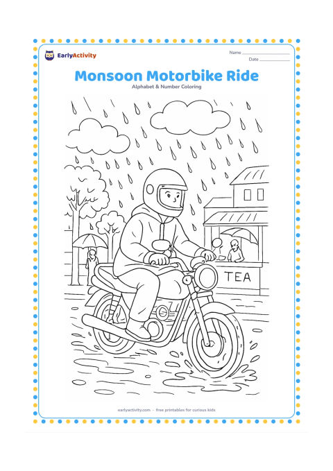 Colouring page: Draw a careful rider in rain gear travelling on a motorbike through an Indian town during monsoon, with a helmet, puddles, umbrellas, a tea stall, leafy trees and rain clouds. Show water…