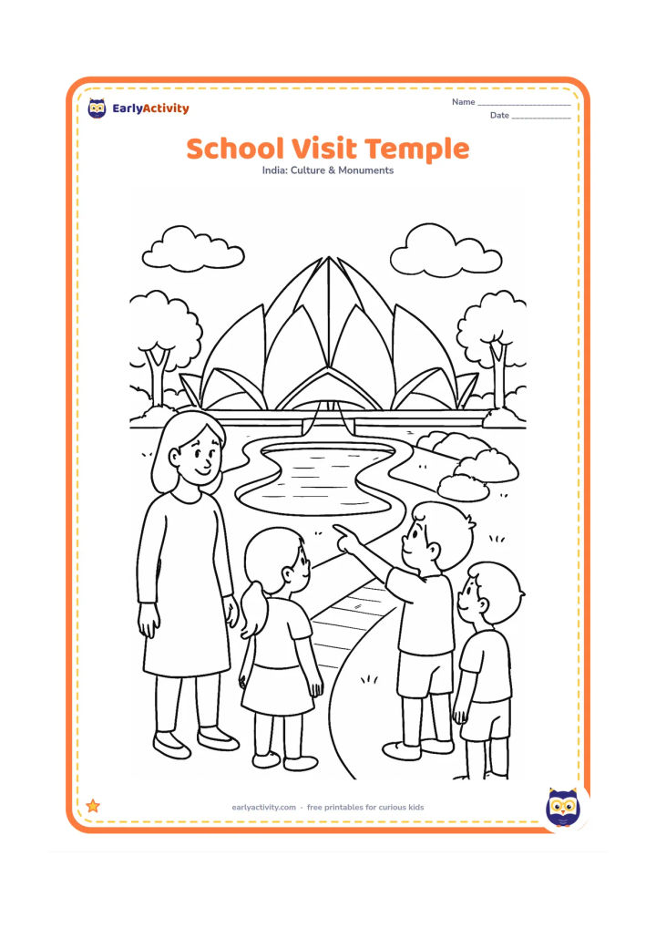 Colouring page: Draw a teacher and three children observing the Lotus Temple from a garden path, with one child pointing toward the petals and another looking at the pools. Include trees, clouds, and a…