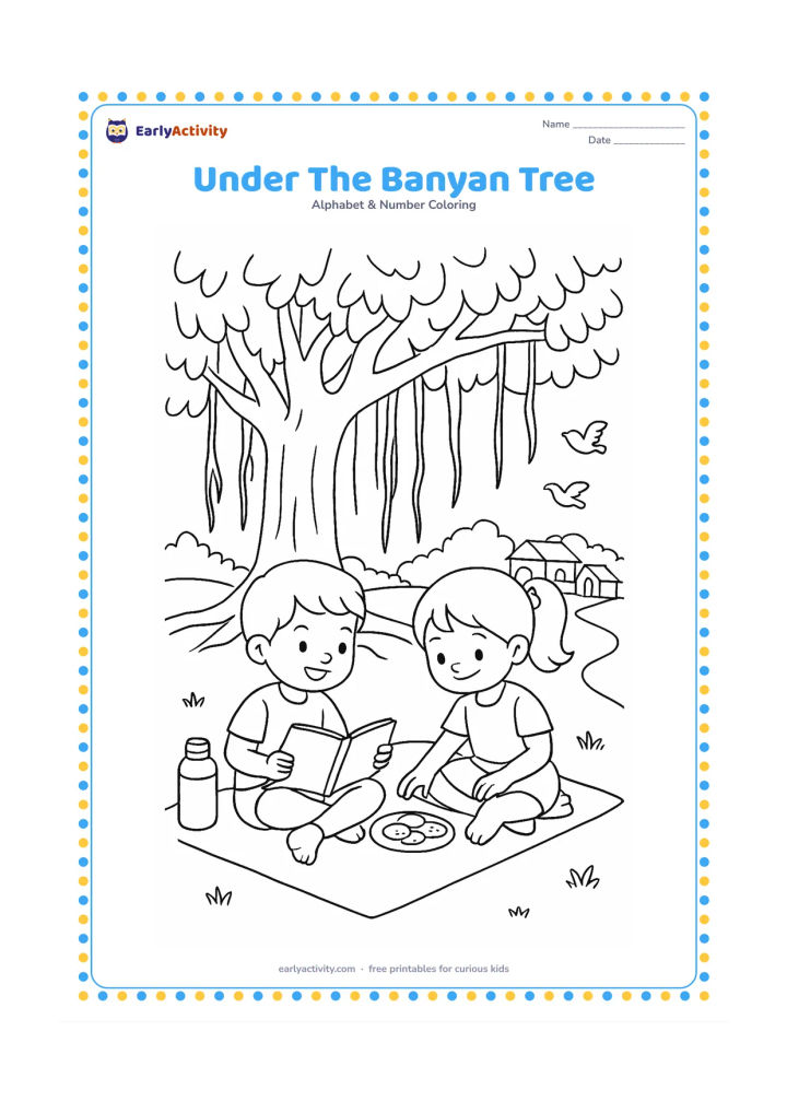 Colouring page: Draw two children sitting under a wide banyan tree reading picture books and sharing a snack. Show hanging roots, a mat, a water bottle, birds and a village path, without any book text.
