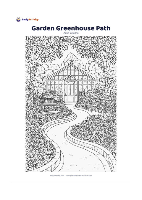 Colouring page: A peaceful botanical garden with a glass greenhouse, curved paths, raised flower beds, climbing vines, benches and trees framing the view. Keep the greenhouse panes plain and free of…