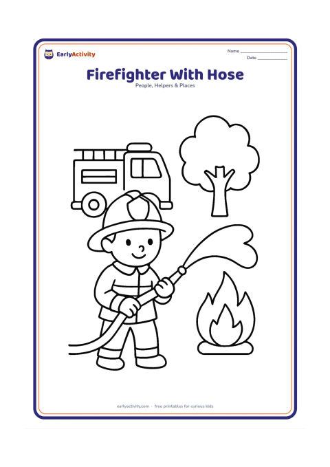 Colouring page: A firefighter holds a hose and sprays a gentle arc of water toward a small, safely contained practice flame in a training yard. Show a fire engine, helmet and one leafy tree, with no…