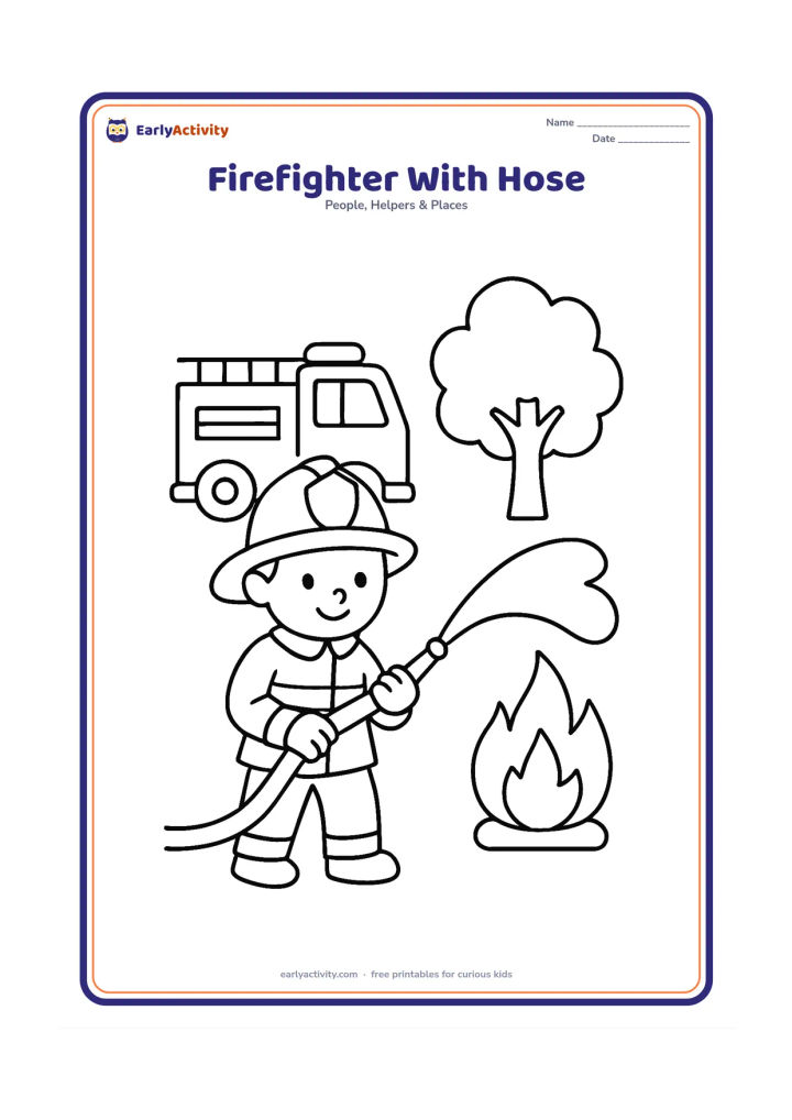 Colouring page: A firefighter holds a hose and sprays a gentle arc of water toward a small, safely contained practice flame in a training yard. Show a fire engine, helmet and one leafy tree, with no…