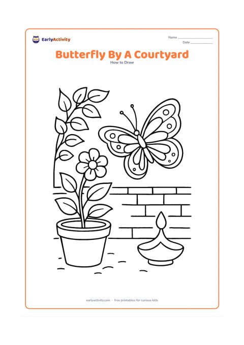 Worksheet: Show a detailed butterfly hovering beside a courtyard flower pot, leafy vine, low wall and a simple diya-shaped garden decoration without a flame. Add layered wing spots and curved bands.