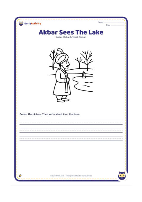 Printable: Show Emperor Akbar standing beside a simple palace garden lake, looking across the water toward a tiny distant lamp. Include a few bare winter trees and a calm shoreline.
