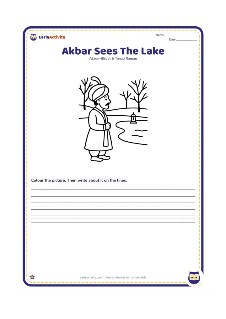 Printable: Show Emperor Akbar standing beside a simple palace garden lake, looking across the water toward a tiny distant lamp. Include a few bare winter trees and a calm shoreline.