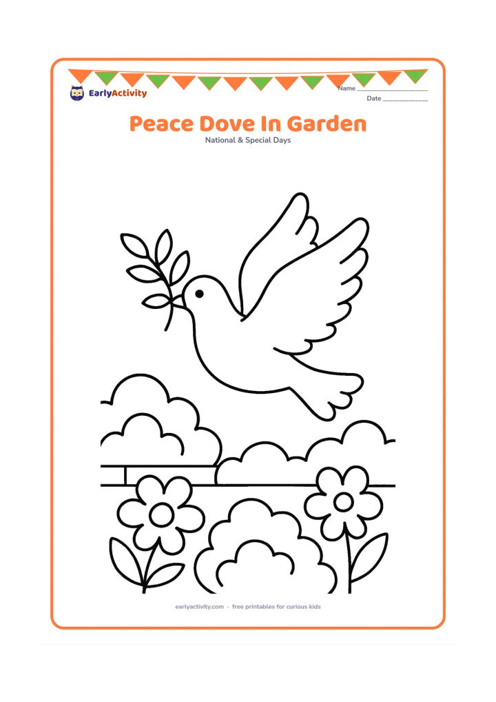 Colouring page: Draw one large dove with an olive branch flying above a peaceful Indian garden. Include a few oversized flowers, rounded bushes and a low garden wall without any writing or symbols.