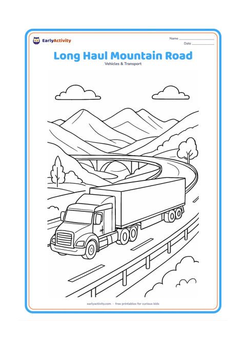 Colouring page: A long transport truck winds along a mountain highway with guardrails, distant peaks, a bridge and a few roadside trees. Show the articulated cab and trailer following the curved road.