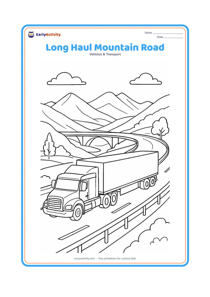 Colouring page: A long transport truck winds along a mountain highway with guardrails, distant peaks, a bridge and a few roadside trees. Show the articulated cab and trailer following the curved road.