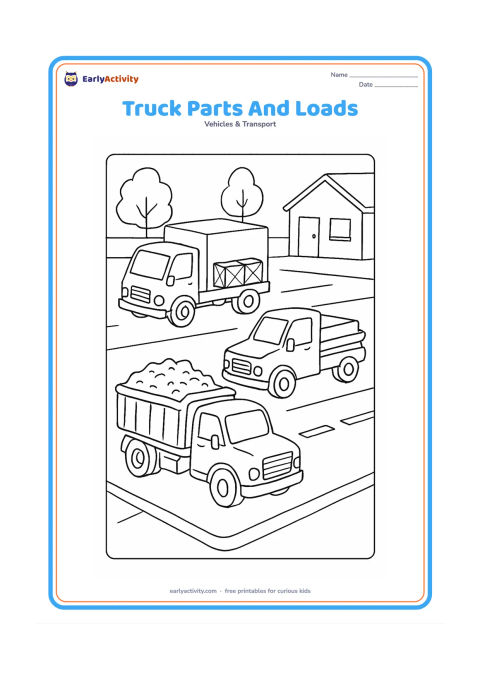 Colouring page: Show three different trucks together in a transport yard: a dump truck with gravel, a box truck with crates and a flatbed truck with pipes. Include a small office, road lines and a few…
