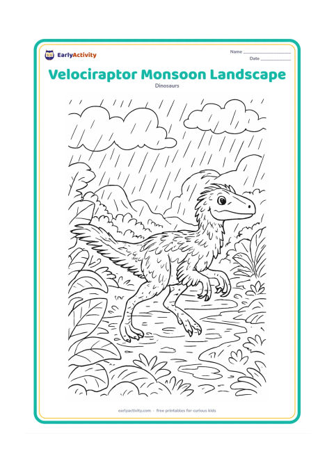 Colouring page: A feathered velociraptor crosses a lush prehistoric landscape during a monsoon shower, with heavy clouds, rain curtains, puddles, broad tropical leaves, a stream, and distant rocky hills.