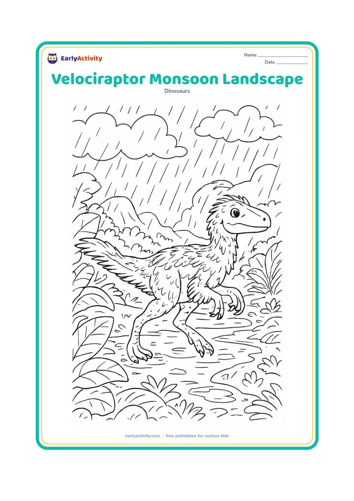 Colouring page: A feathered velociraptor crosses a lush prehistoric landscape during a monsoon shower, with heavy clouds, rain curtains, puddles, broad tropical leaves, a stream, and distant rocky hills.