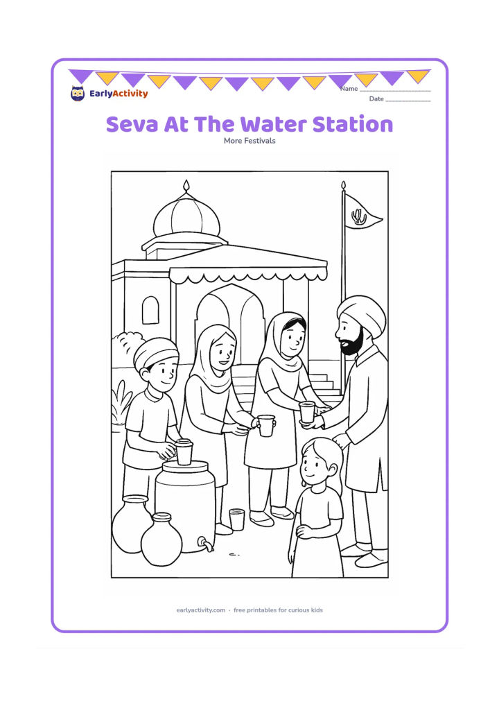 Colouring page: Draw older children and adults offering drinking water to visitors outside a gurdwara, with one volunteer filling steel cups, another handing them out and visitors waiting politely.…