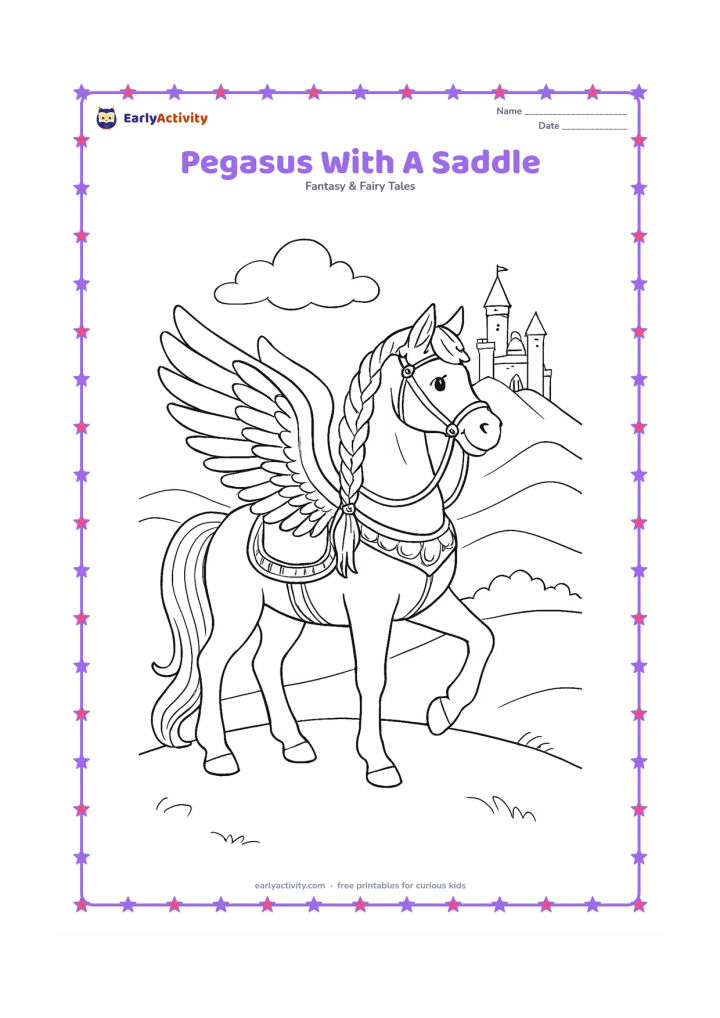 Colouring page: Draw a proud pegasus standing on a hill wearing a detailed but friendly saddle and bridle, with layered feathers, a braided mane and a long tail. Place a castle on a distant mountain…