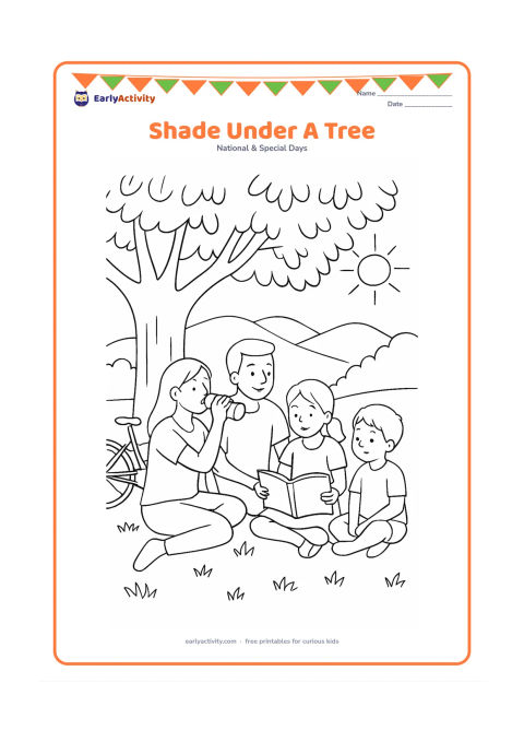 Colouring page: Draw a family resting under a broad roadside tree on a hot sunny day, with one person drinking from a plain reusable bottle and another reading a picture book without visible text.…