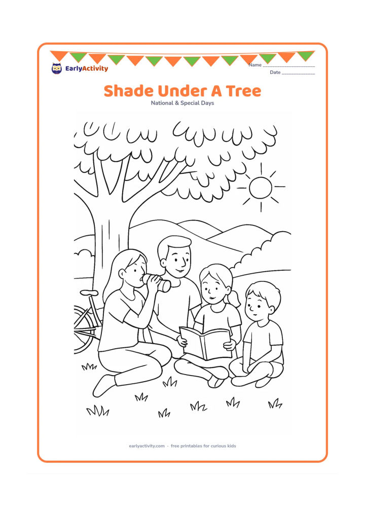 Colouring page: Draw a family resting under a broad roadside tree on a hot sunny day, with one person drinking from a plain reusable bottle and another reading a picture book without visible text.…