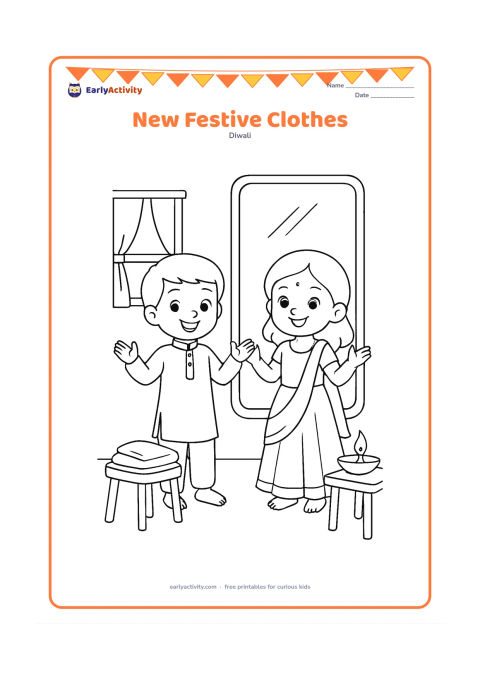 Colouring page: Draw two children proudly showing new festive clothes beside a mirror, with a neatly folded garment on a stool and a diya on a small table. Include a simple home interior.