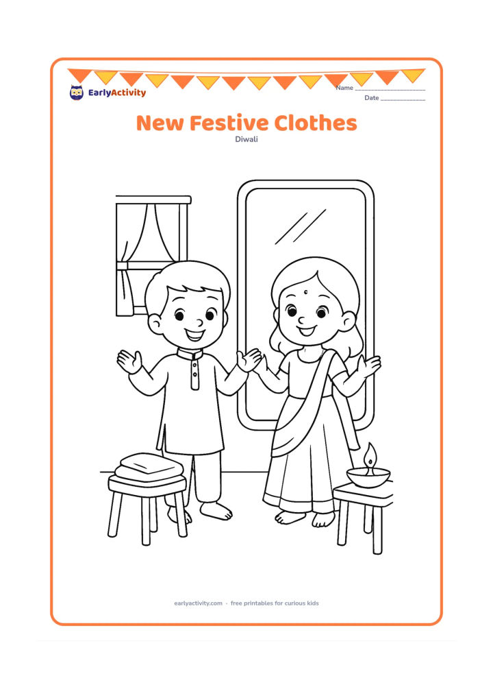 Colouring page: Draw two children proudly showing new festive clothes beside a mirror, with a neatly folded garment on a stool and a diya on a small table. Include a simple home interior.