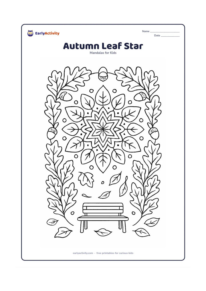 Colouring page: Place a warm-looking star mandala inside a frame of repeated large autumn leaves, acorns and curved branches. Add a small bench beneath the design and several falling leaves around it.