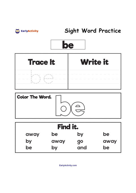 Worksheet with trace, write, colour and find activities for the sight word “be”.