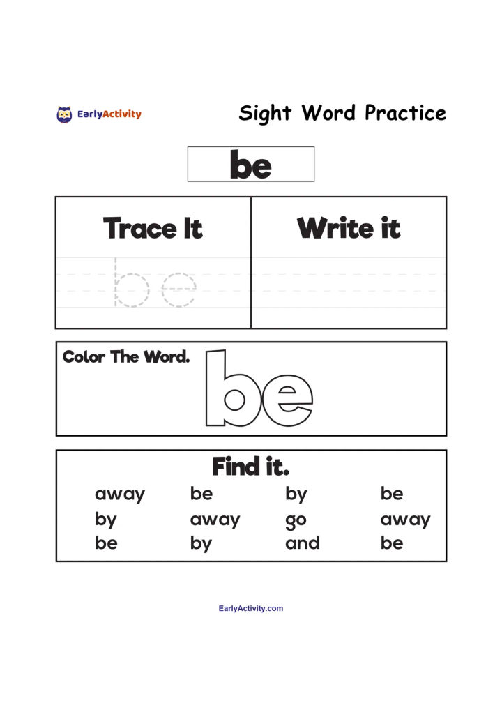 Worksheet with trace, write, colour and find activities for the sight word “be”.